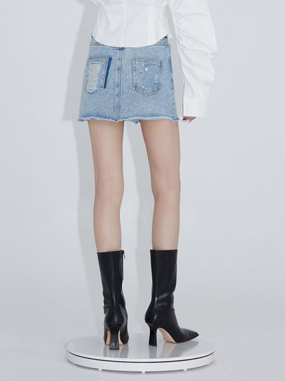 Pinch pleated broken holes Raw edge denim skirt