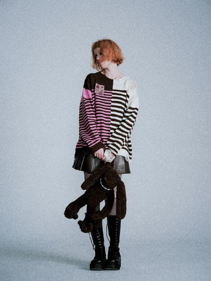 Color-Crossing Stripe Hole Breaking Knit Sweater