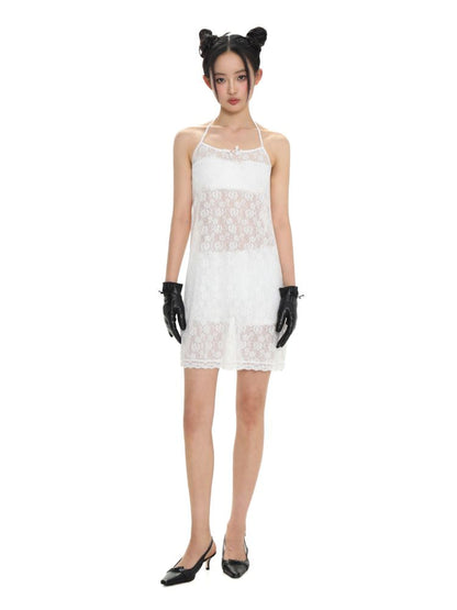 Lace bow thin white neck halter dress