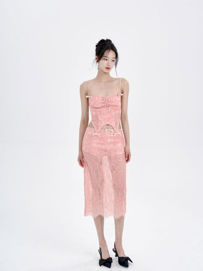 Peach Lace Camisole + Low Waist Lace Half Skirt Set