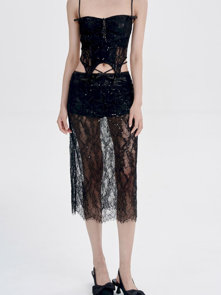 Black Lace Camisole + Low Waist Lace Half Skirt Set