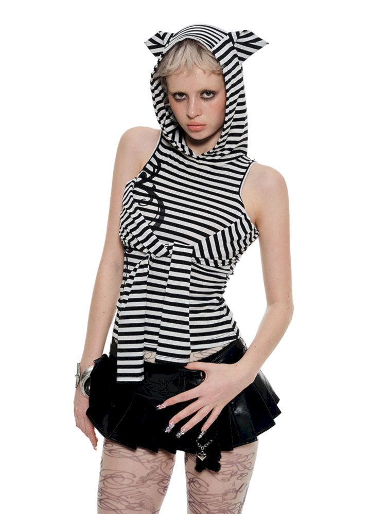 Striped Cat Ears Hooded Bottom Shirt