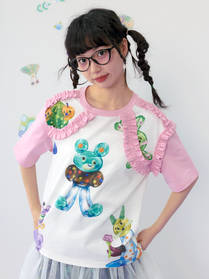 Candy print frilly lace cotton T-shirt