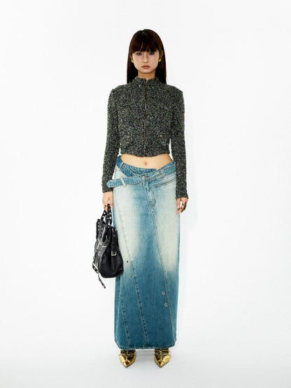 Washed denim slimming straight long half skirt