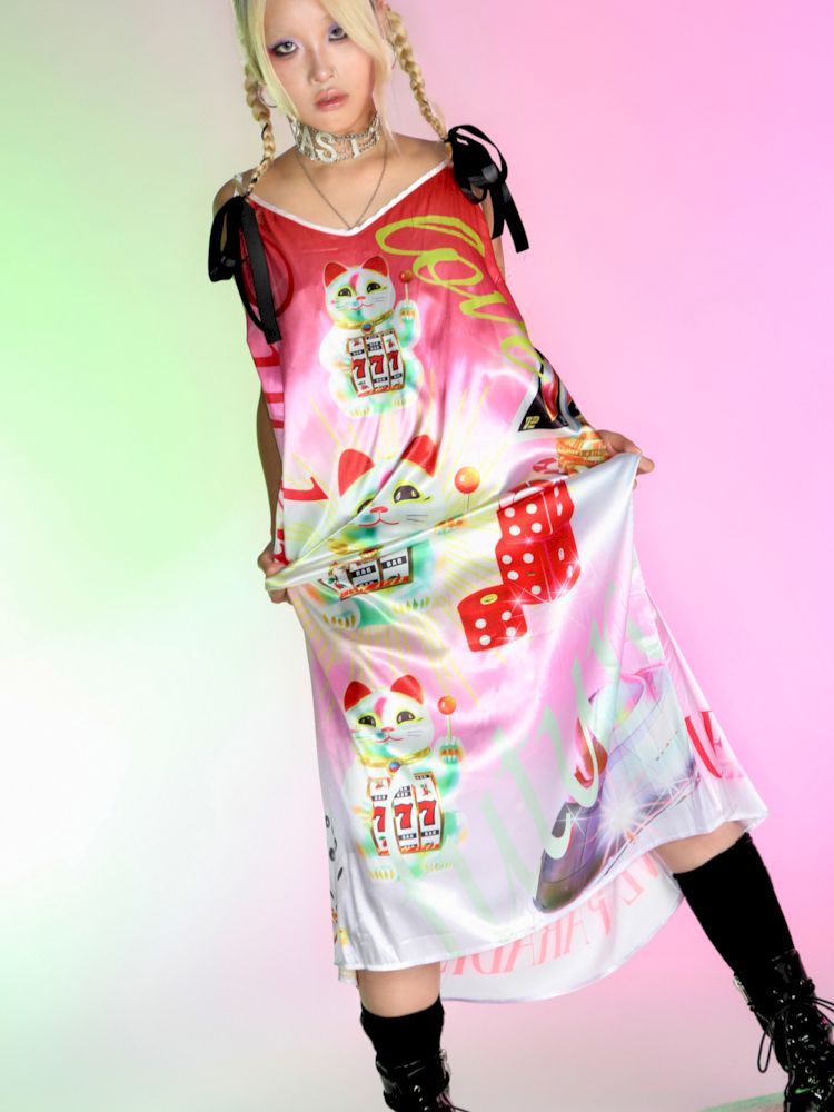 Fortune Cat Printed Silk Halter Dress