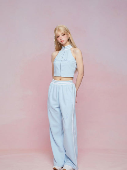 Cut Off Shoulder Sleeveless Top Casual Pants Sweatshirt Three Piece Set