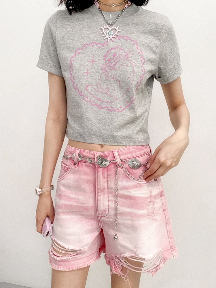 Pink Love Cat Pattern Printed Short Sleeve T-Shirt