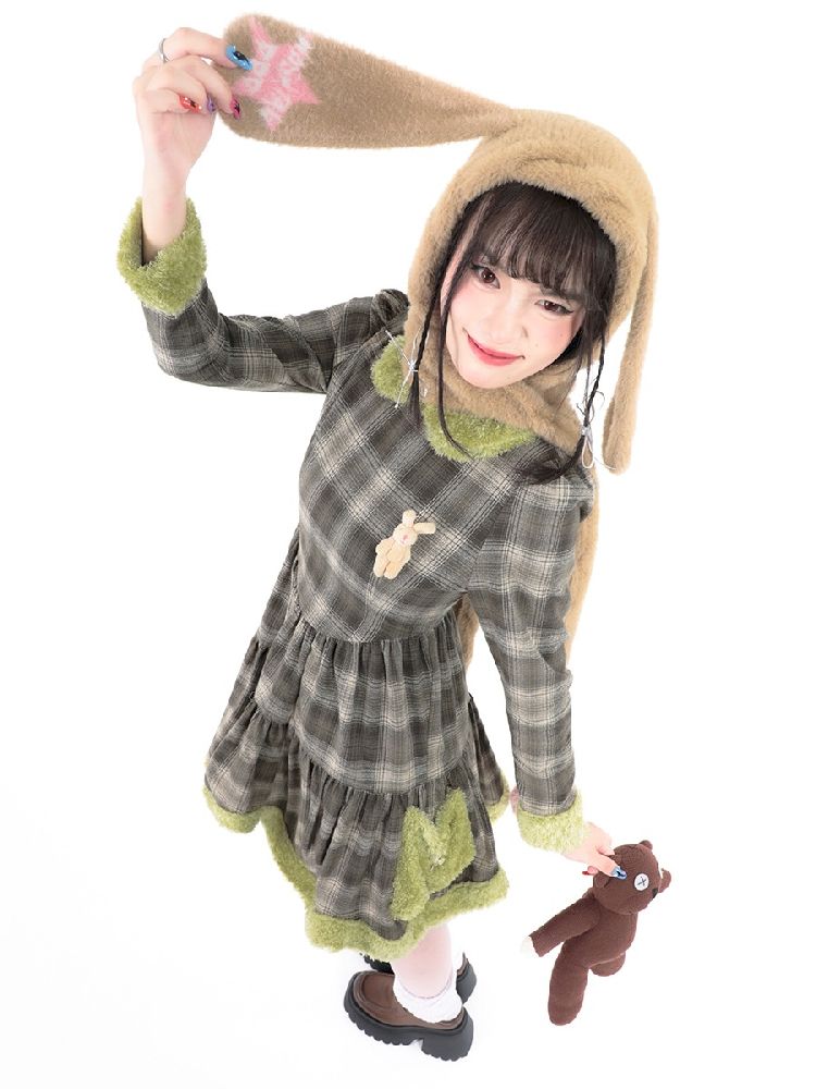 Bunny Doll Green Brown Plaid Petal Dress