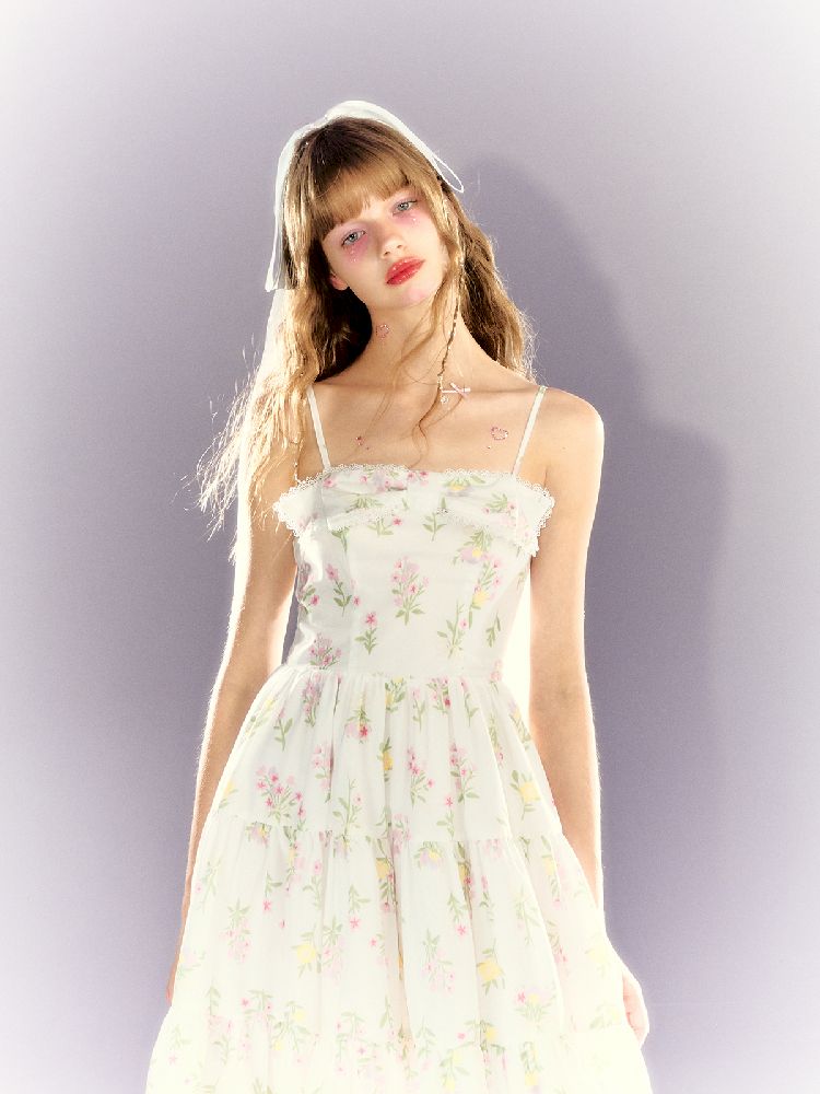 Floral Lace Bow Waisted Halter Dress