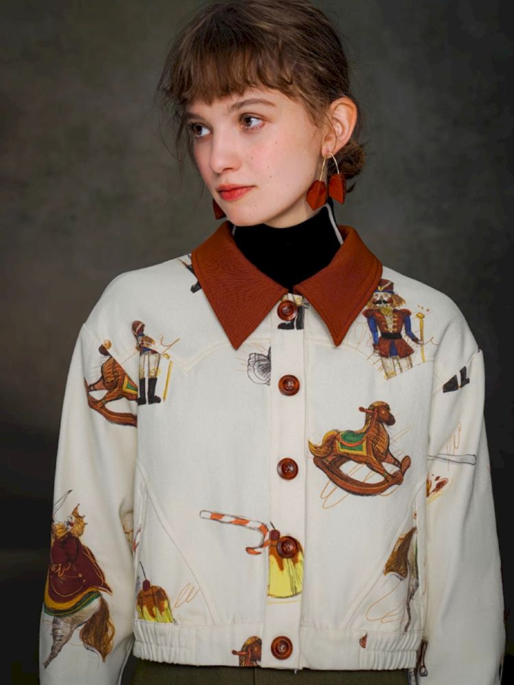 British retro brown red polo collar short jacket