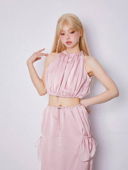 Drawstring Sleeveless Top and Half Skirt Set