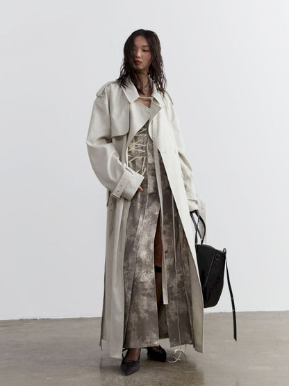 Tie Trim Genderless Long Trench Coat