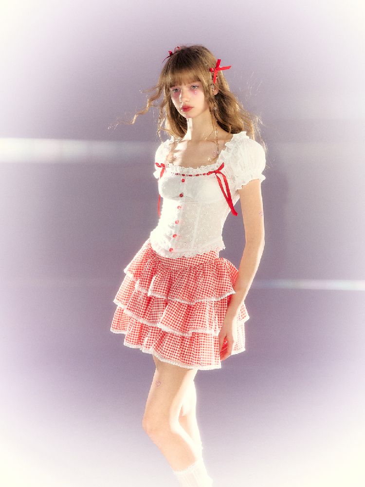 Red and white checkered bow lace set