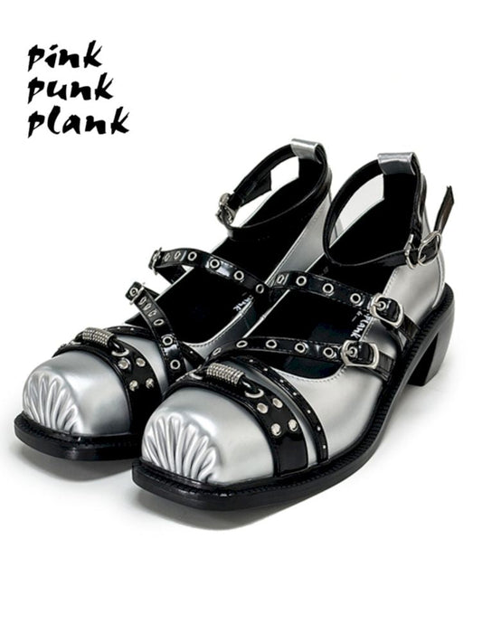 Silver Punk Pig Nose Square Toe Studded Mary Jane Single Shoes