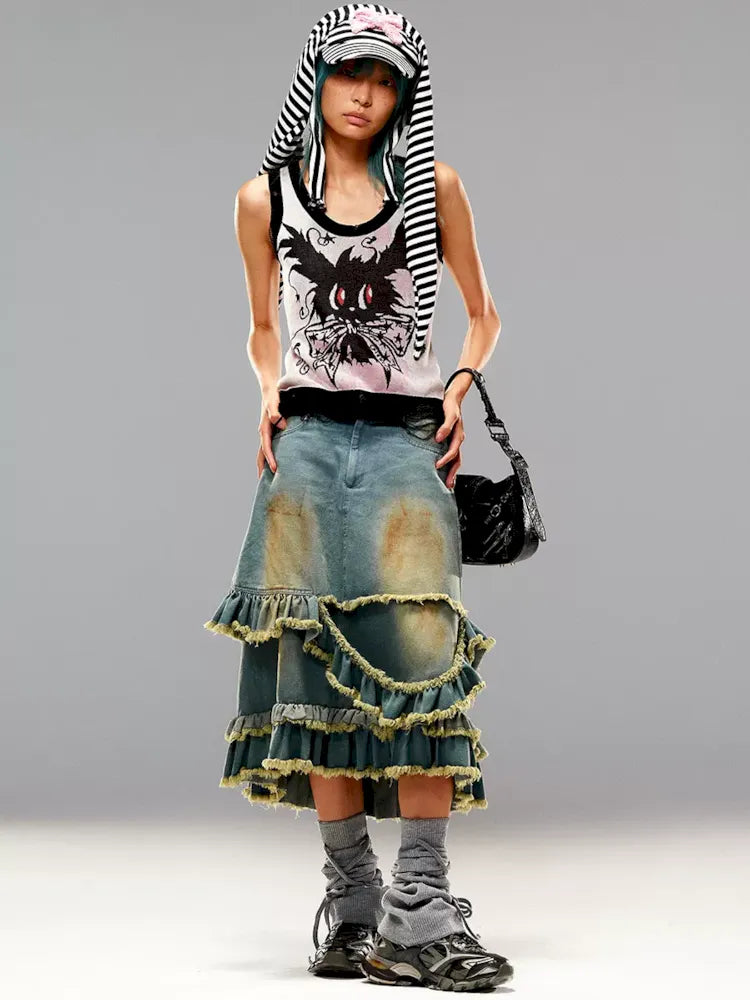 Raw Edge Mud Dye Denim Skirt