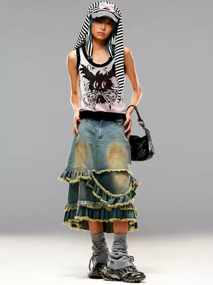 Raw Edge Mud Dye Denim Skirt