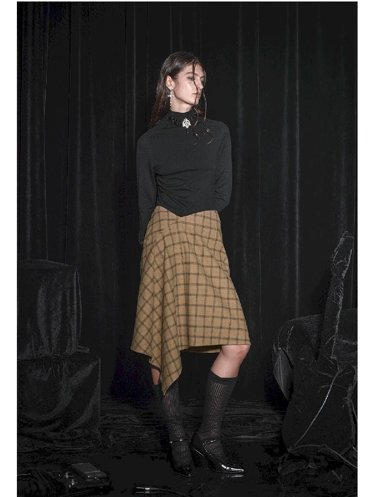 Half Tweed Draped Elegant Plaid Skirt