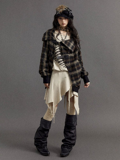 Loose plaid asymmetrical sweater jacket