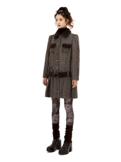 Tweed Single Breasted Coat Jacket Pleated Skirt