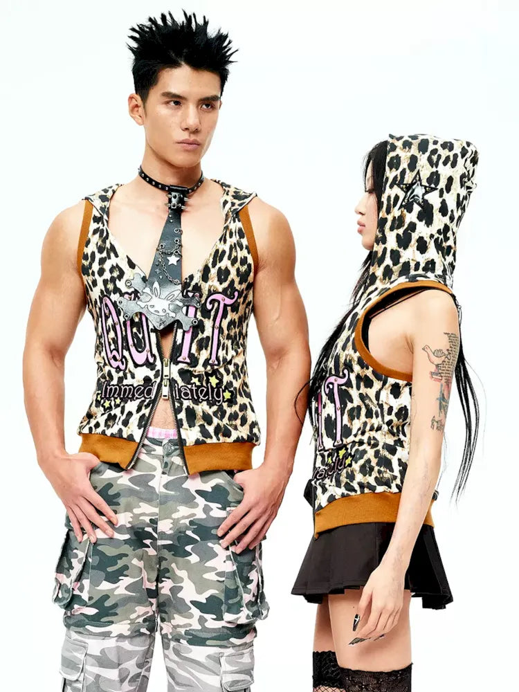 Patent leather embroidered leopard print waistcoat