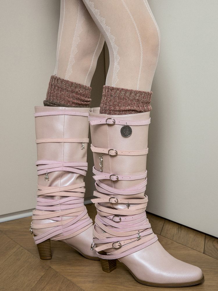 Ancient Coin Pink Stacked Lace-Up Boots