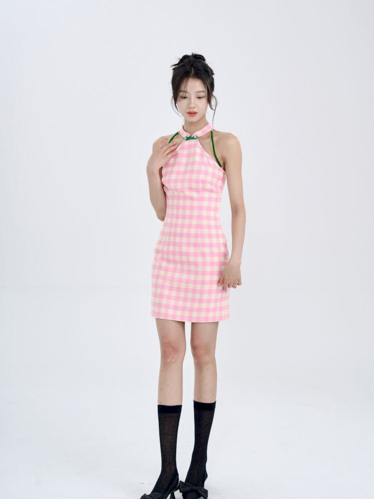 Pink Check Slim Short Dress