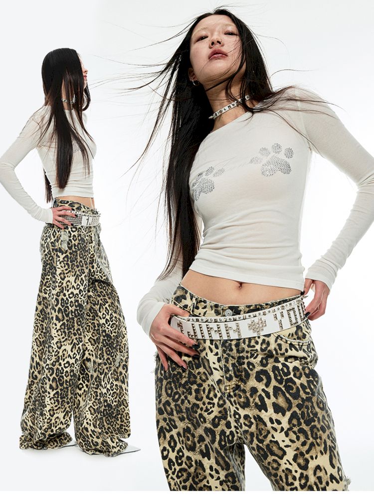 Leopard Print Canvas Wide Leg Pants