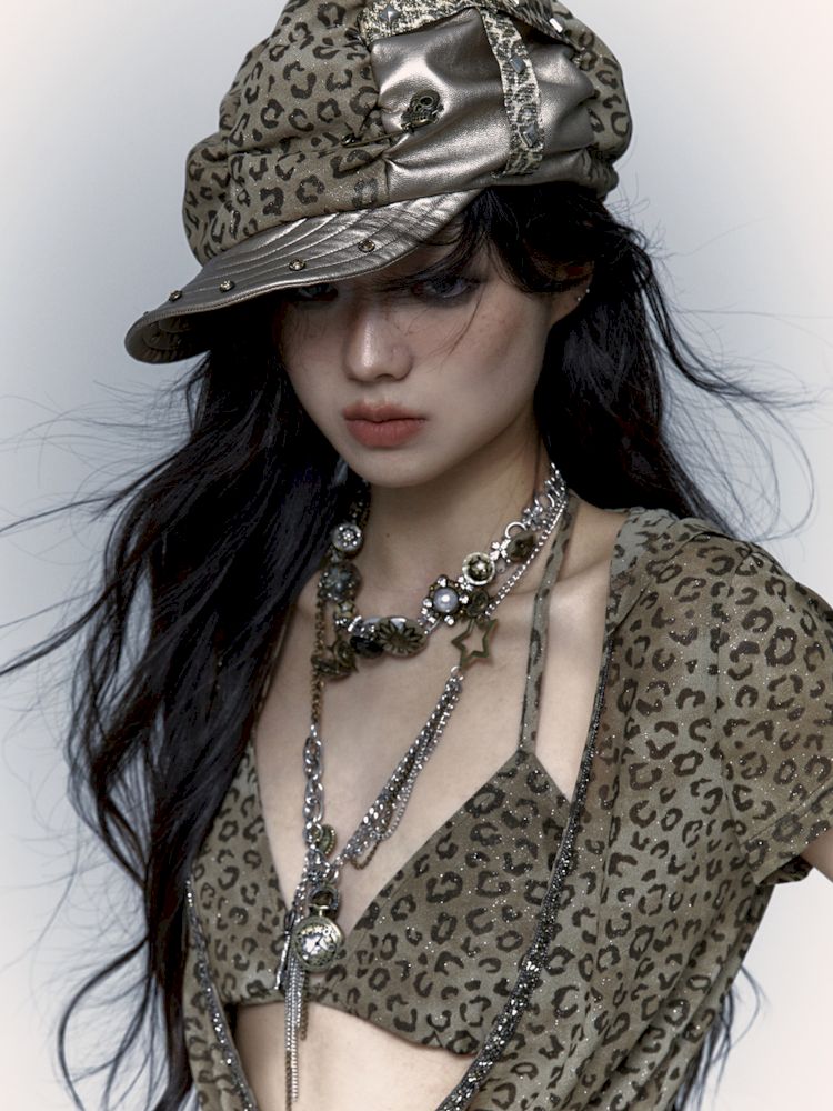 Punk Leopard Print Splicing Rivets Beret