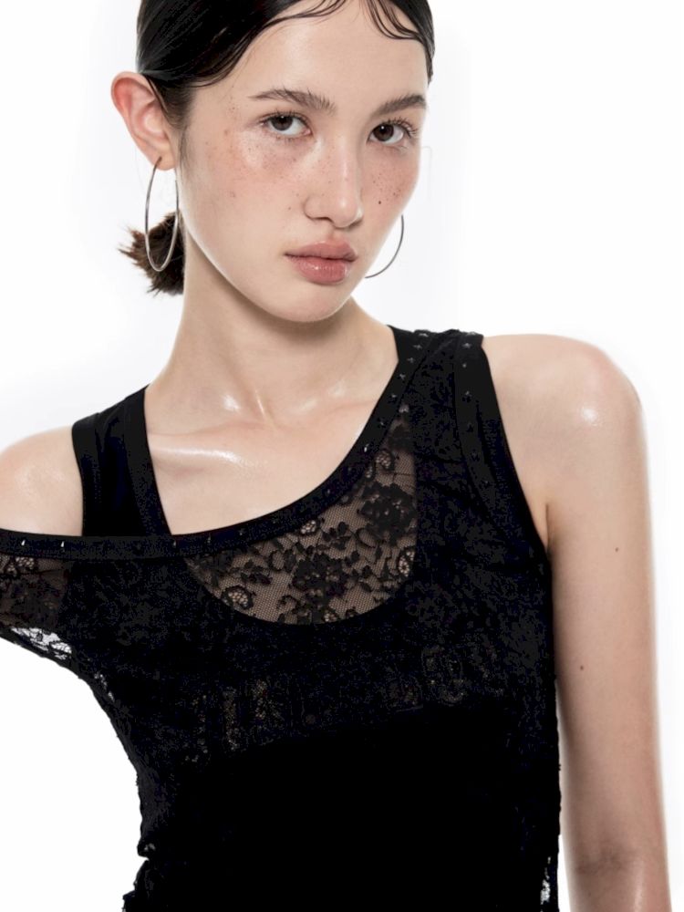 Slant Shoulder Asymmetric Lace See Through Overlay Vest