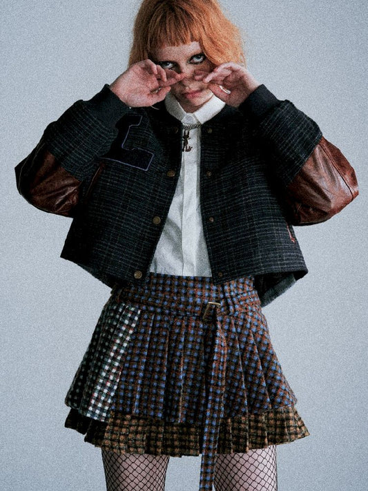 Three-color plaid splicing pleated skirt