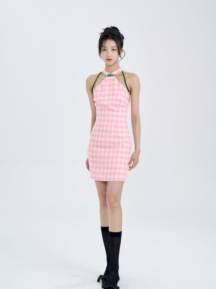 Pink Check Slim Short Dress