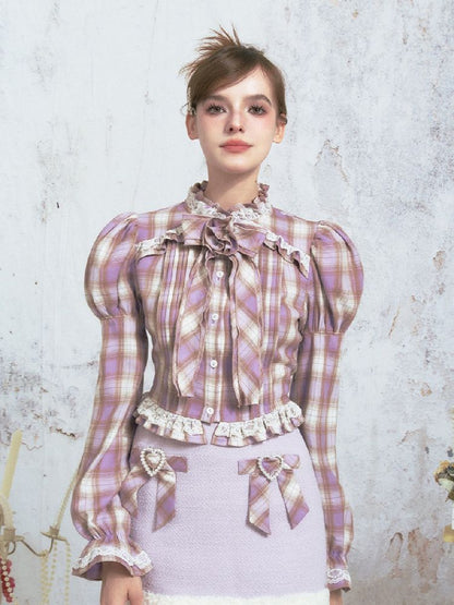 Purple Plaid Bow Lace Bubble Sleeve Blouse Top