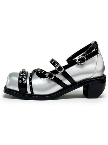 Silver Punk Pig Nose Square Toe Studded Mary Jane Single Shoes