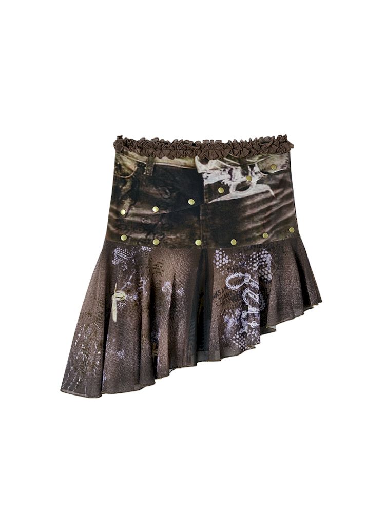 Irregular Printed Mesh Low Waist Stretch Half Skirt