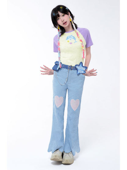 Dopamine Thin Corduroy Love Collage Blue Petal Flared Pants