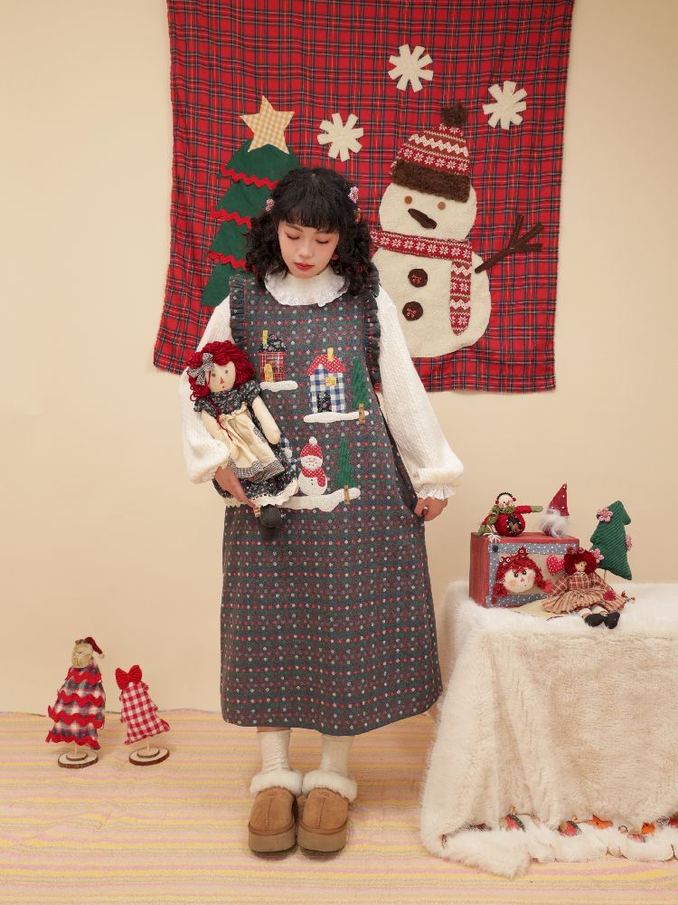 Dot Wool Tweed Gray Christmas Vest Dress