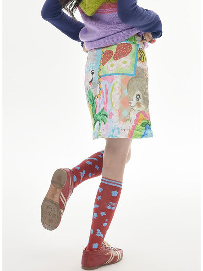 Colorful Childish Collage Printed Half Skirt