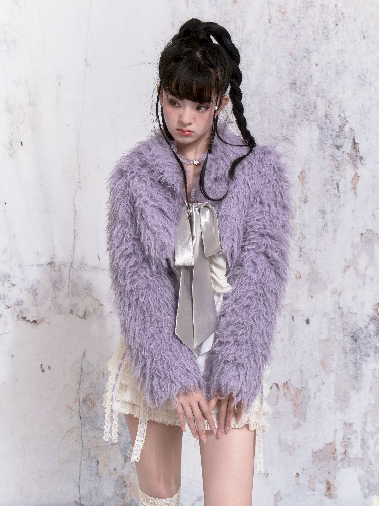 Purple Fox Fur Bow Shoulder Jacket