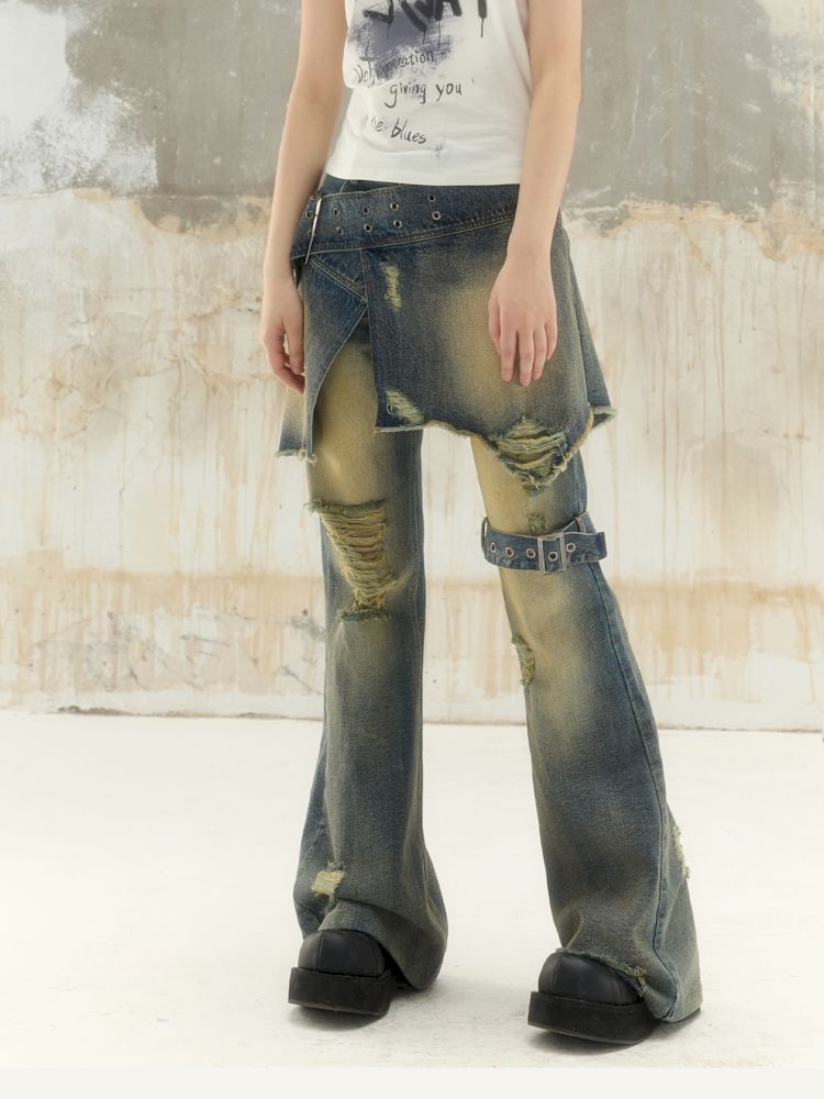 Washed and worn holes low-rise denim pants