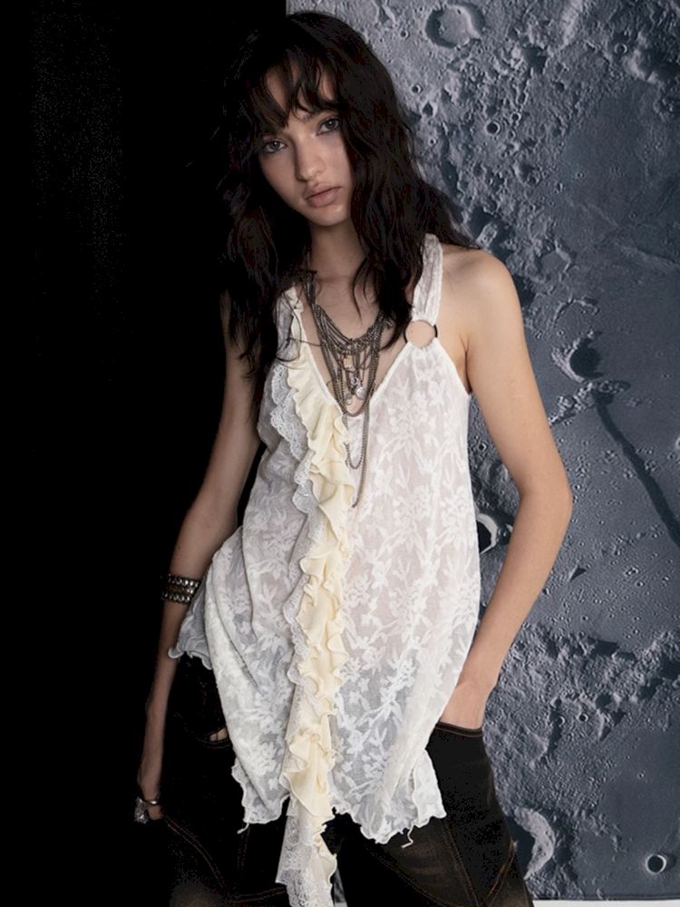 Spliced Ruffle Lace Dark Jacquard Camisole Tank Top