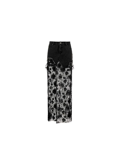 French Lace Splicing Denim Long Skirt