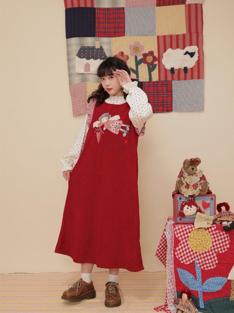 Lace Corduroy Red Vest Dress