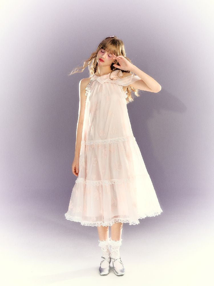 Lace Hanging Neck Long Loose Dress