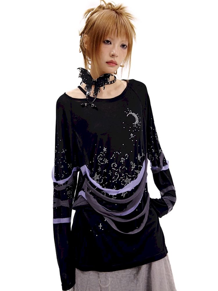 Starry Night Rhinestone Long Sleeve T-Shirt