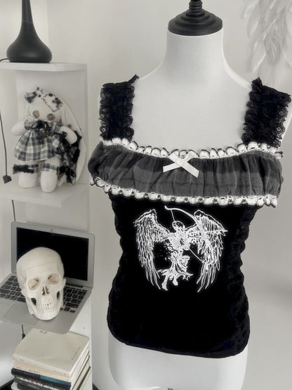 Schwarzes Engel Skull Bedrucktes Kurz-T-Shirt Halter Kleid Set 