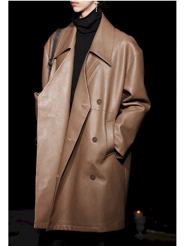 Mid-Length Silhouette Loose Leather Trench Coat