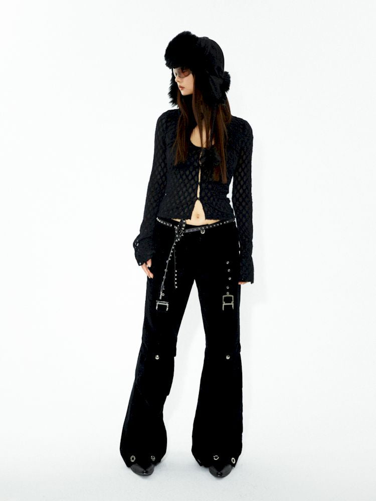 D-ring air eyelets decorated loose thin straight pants