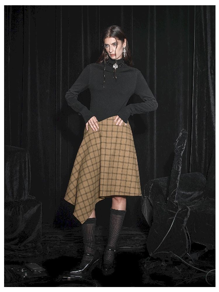 Half Tweed Draped Elegant Plaid Skirt