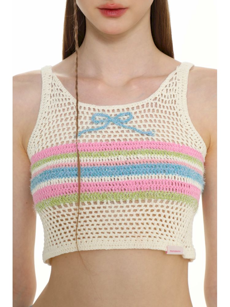 Cutout collision color striped bow tank top