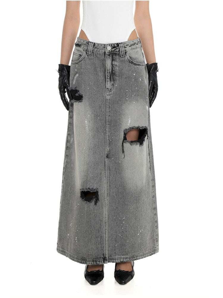 Multiple holes denim long skirt